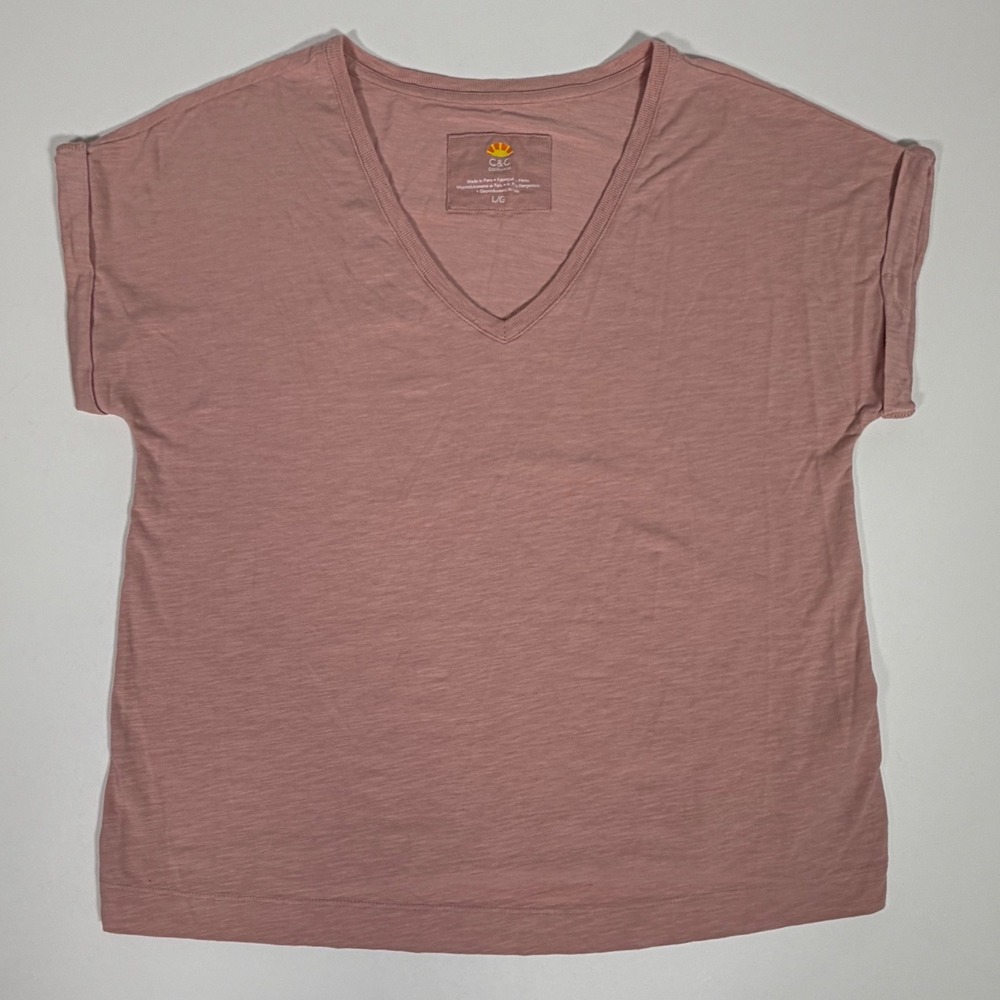 C&C California Slub Knit V-Neck Tee Dusty Rose Pink Boho Minimalist Large - Picture 2 of 8